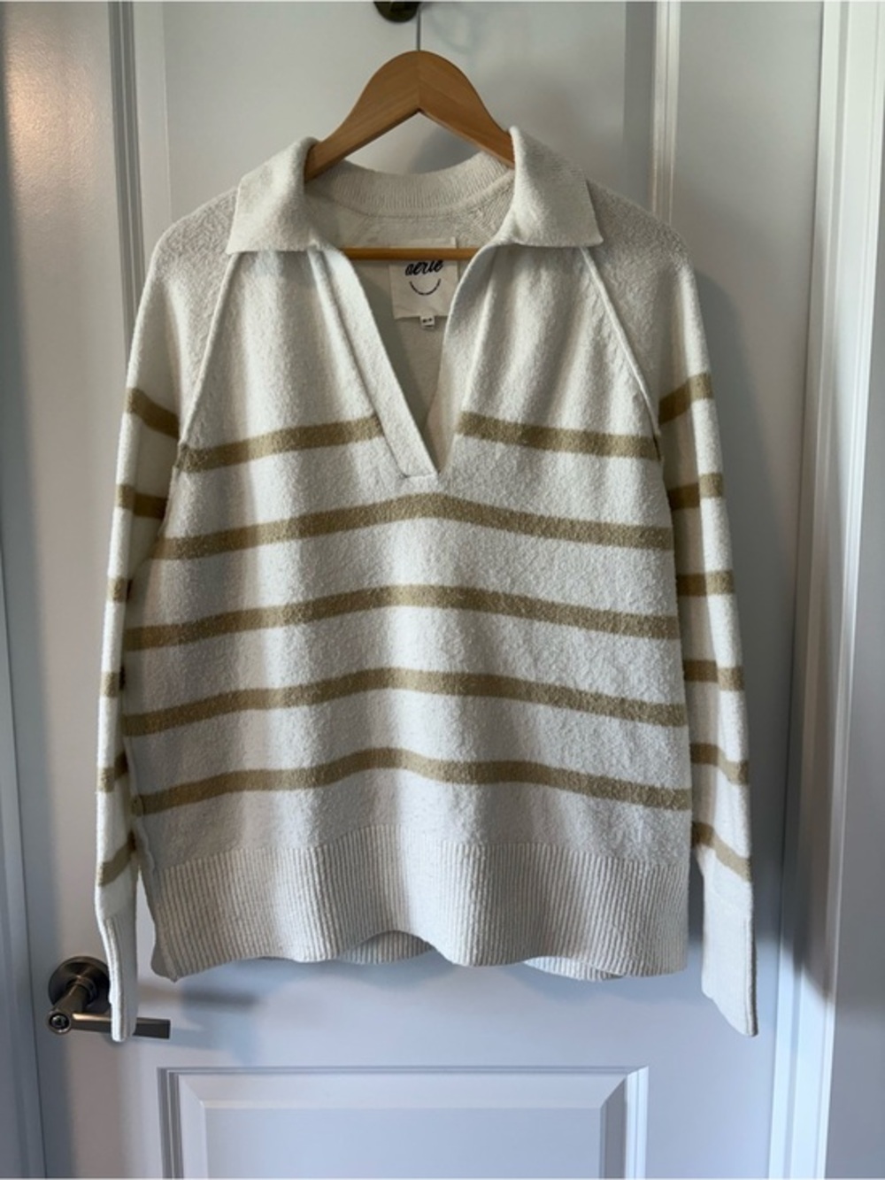 Aerie Striped Collared V-Neck Polo Sweater Cream Tan Size XS
